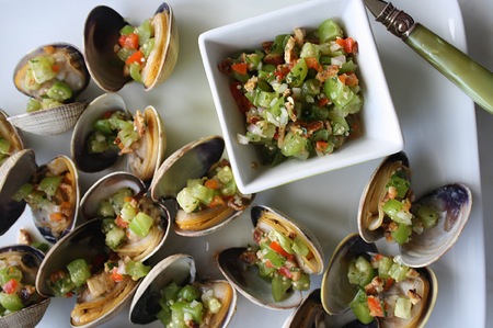 Grilled Clams with Basil-Bacon Salsa 