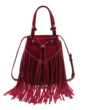 Bucket Bag with Fringes in Burgundy Suede