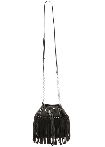 Black Leather suede fringed bucket bag – lusciousscarves