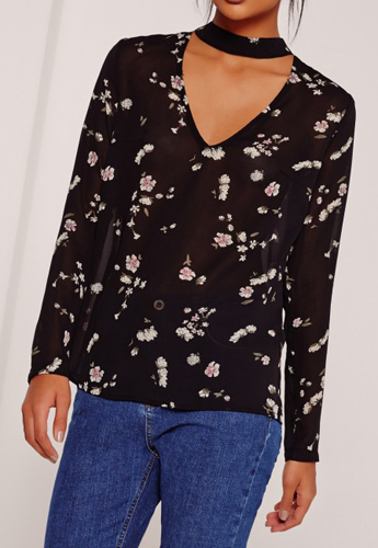 Black Floral Print Choker Neck Blouse