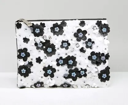 ASOS Mono Floral Embellished Zip Top Clutch Bag