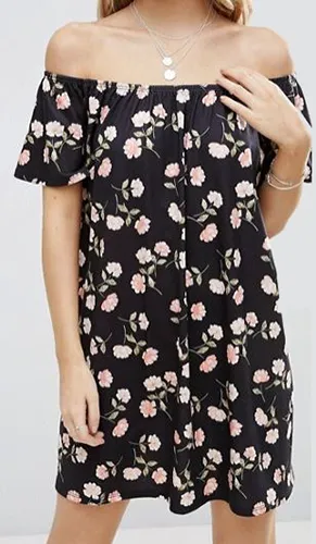 ASOS PETITE Off Shoulder Dress In Dark Floral