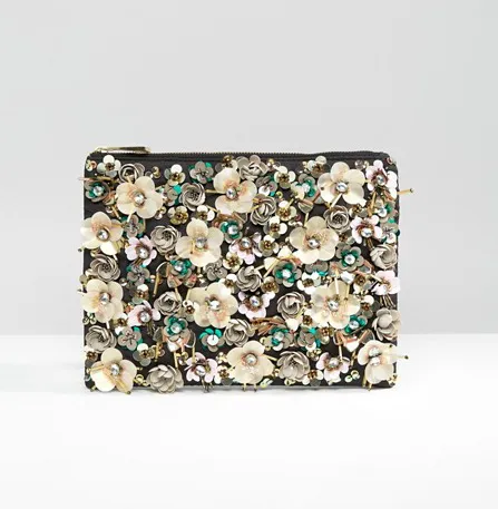 ASOS Pretty Floral Embellished Zip Top Clutch Bag