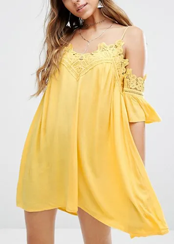 Kiss The Sky Cold Shoulder Cami Swing Dress With Lace Trims