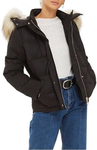 steve madden hooded puffer jacket with faux shearling trim