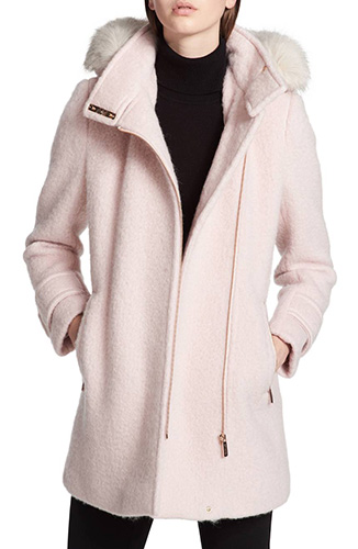 Hooded Wool Blend Jacket with Faux Fur Trim