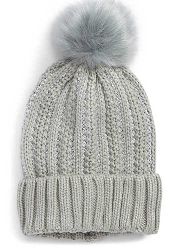 Metallic Knit Beanie with Faux Fur Pompom