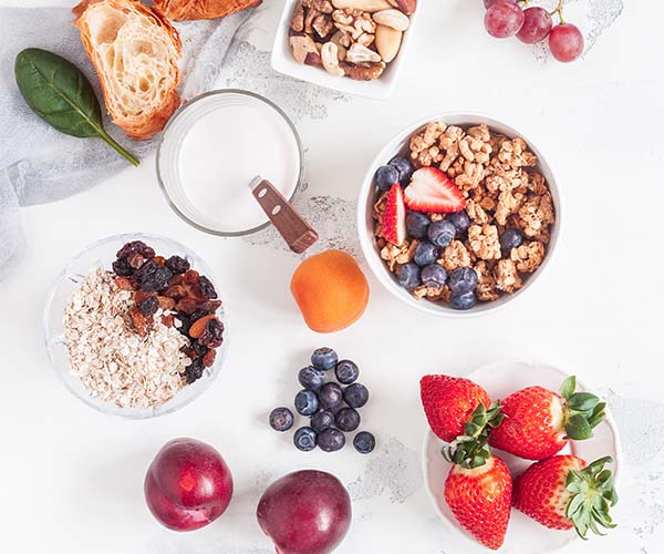 healthy breakfast and fruit on a table