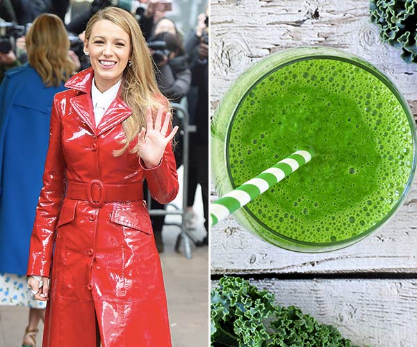 blake lively with green juice smoothie