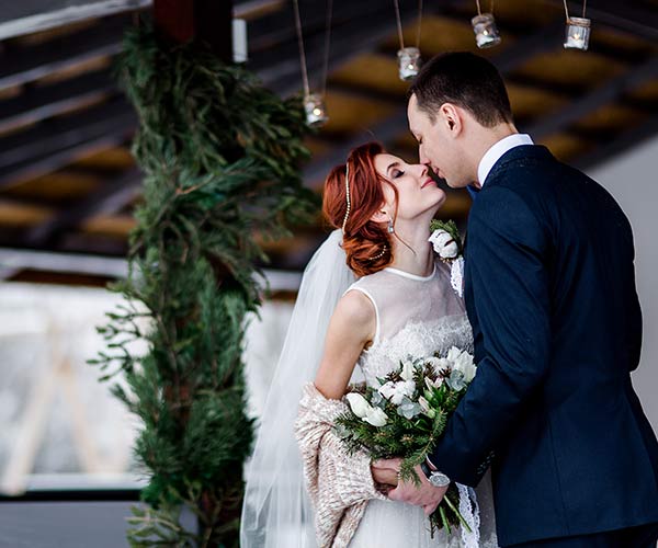 winter bride and groom