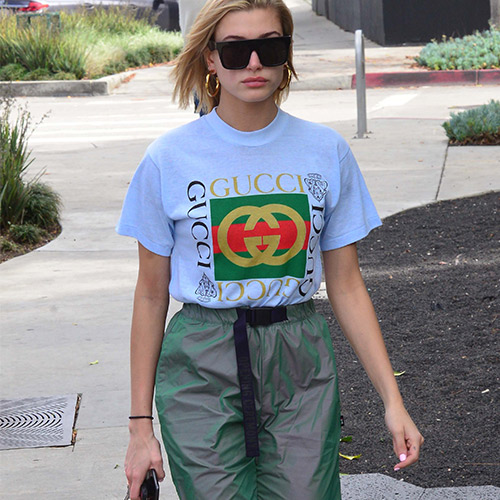 Hailey Baldwin: Gucci T-Shirt, Green Nylon Pants