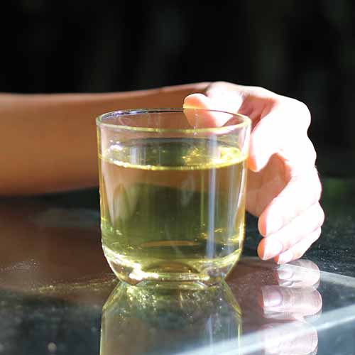 woman holding white tea in a clear mug