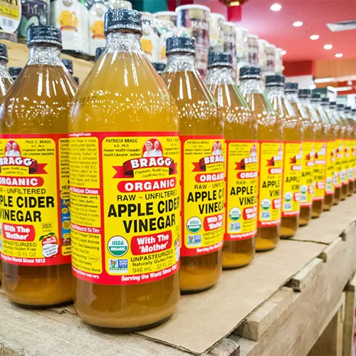 Apple cider vinegar on store shelves.
