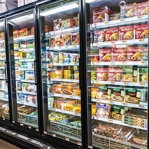 Frozen food aisle in a grocery store.