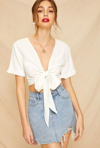 Front Frill Cuff Crop Blouse