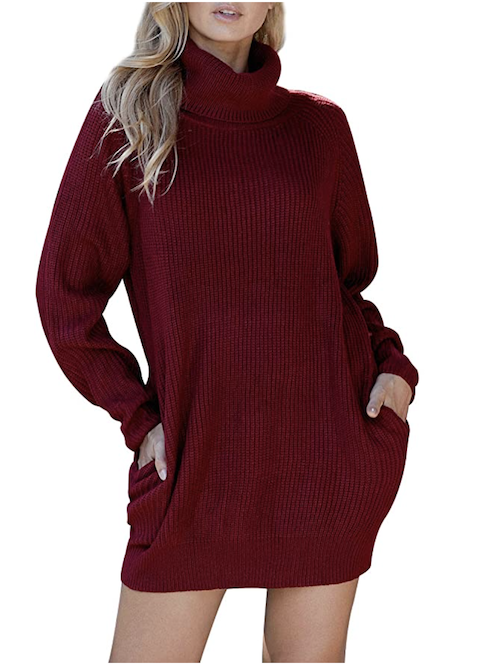 Pink Queen Women's Loose Turtleneck Oversize Long Pullover Sweater Dress