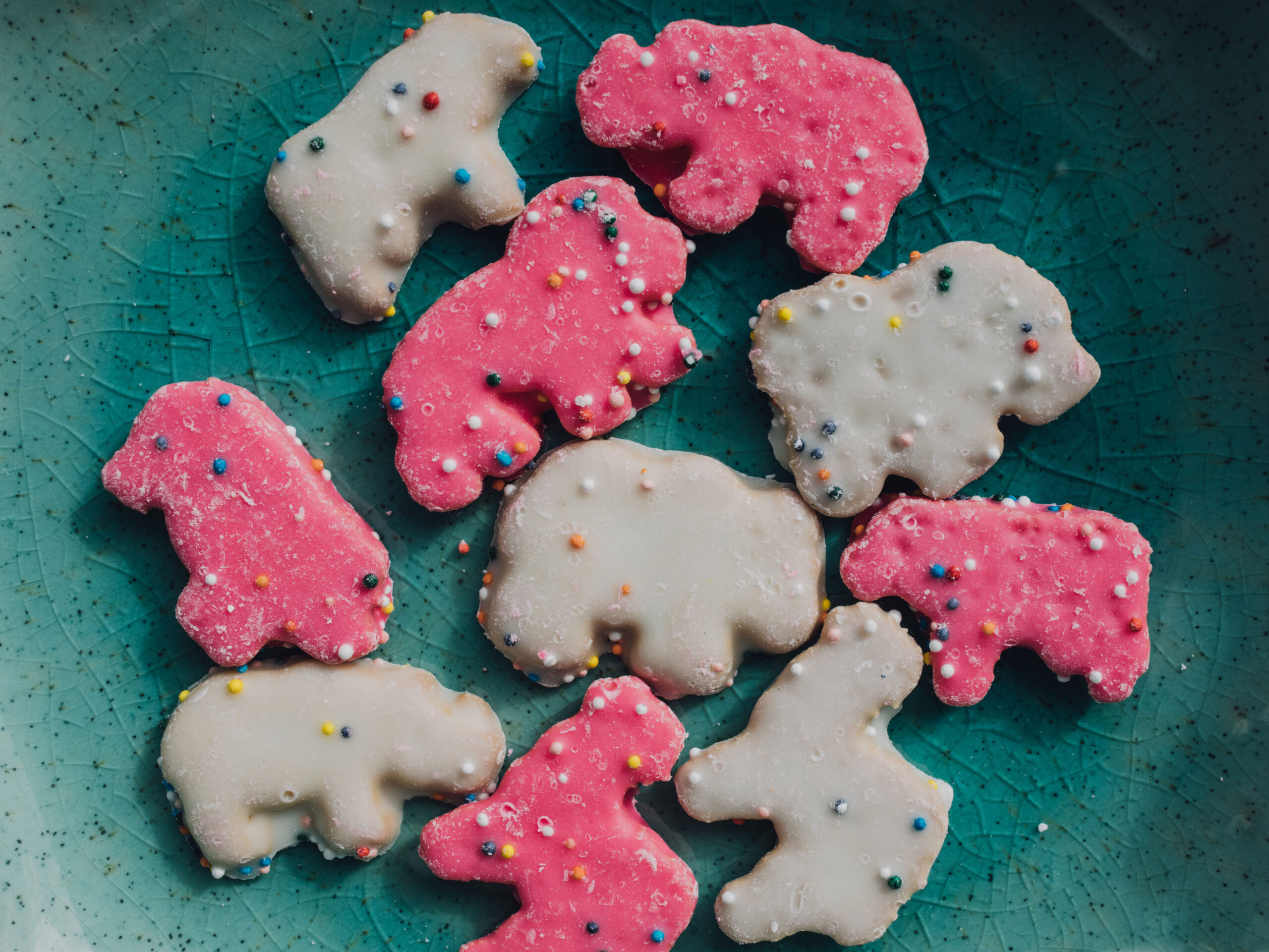 pink and white animal cookies on blue background
