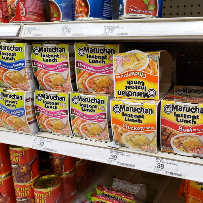 rows of ramen noodles at grocery store