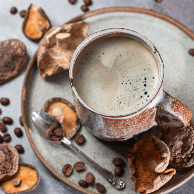 cup of mushroom coffee surrounded by mushrooms and coffee beans