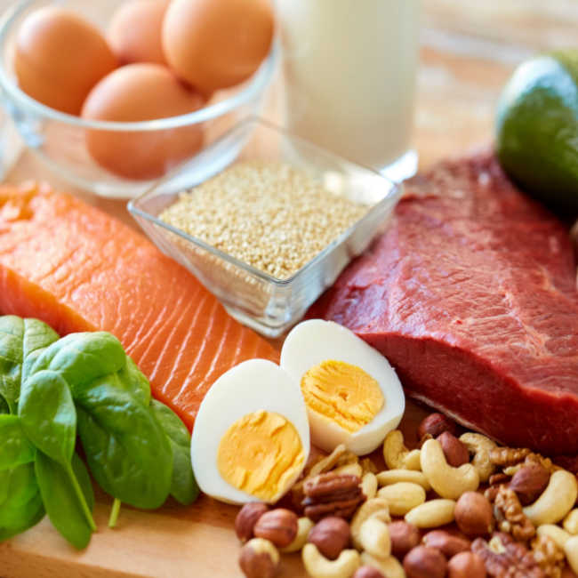 various sources of protein like nuts, eggs, fish, meat