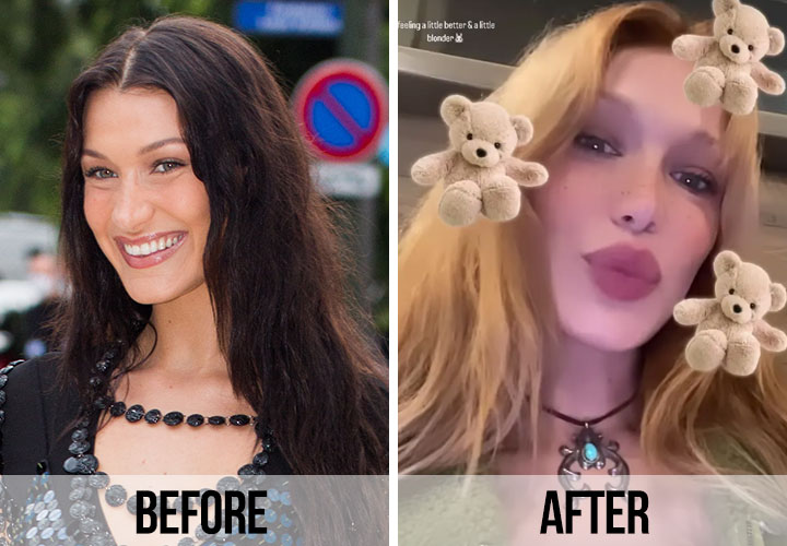 Bella Hadid dark hair vs blonde hair before and after