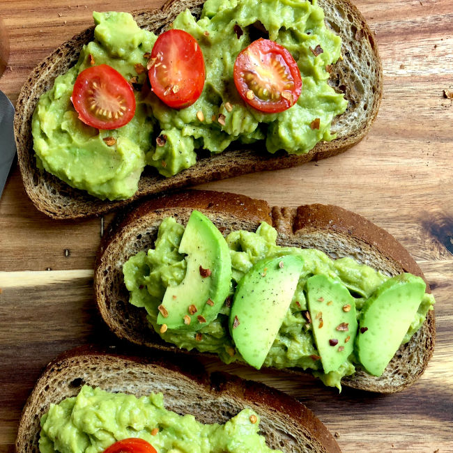 three slices of avocado toast