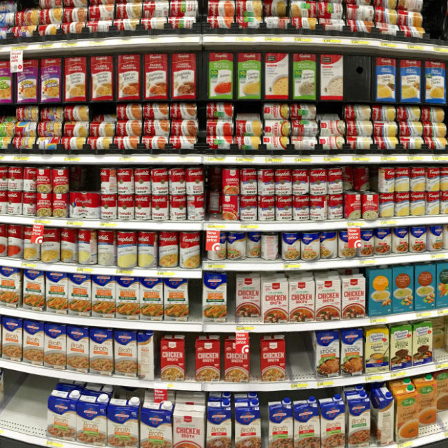 soup and broth aisle at grocery store