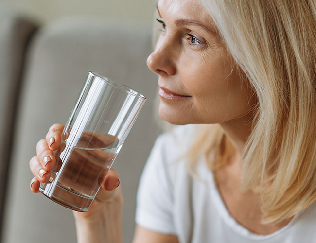 woman holding glass of water to her mouth