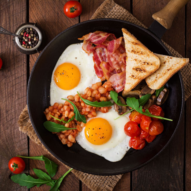 high-protein breakfast with eggs, bacon, tomatoes, beans, toast