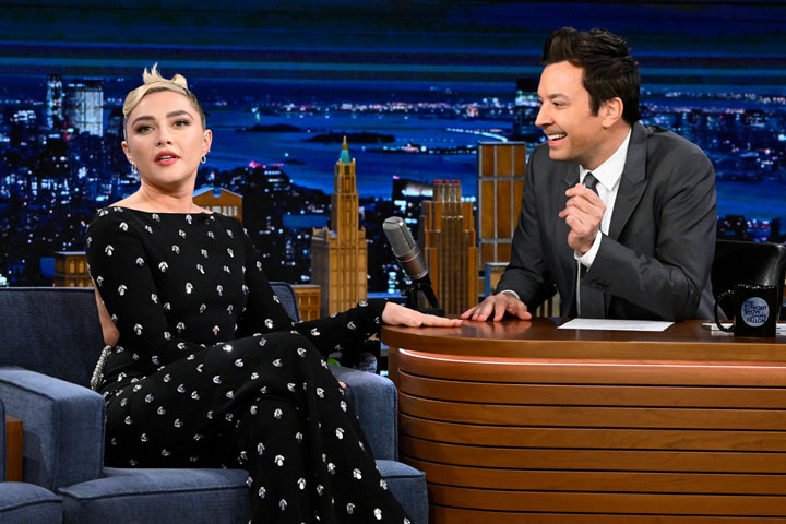 Florence Pugh Tonight Show starring Jimmy Fallon black Valentino catsuit