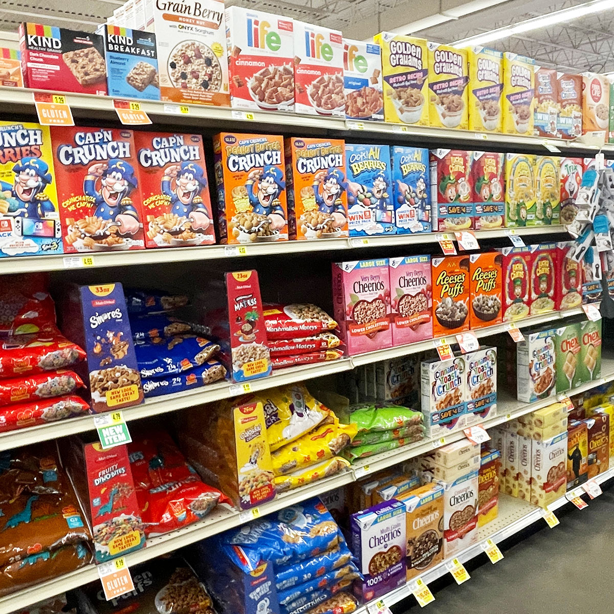 cereal aisle at grocery store