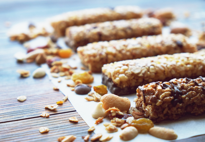 Row of protein bars on a table