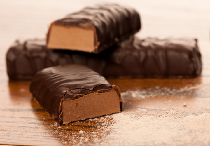 Chocolate protein bar on a table