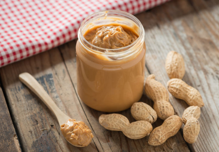 Jar of peanut butter on a table