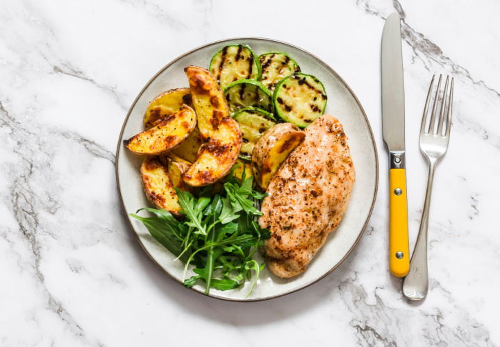 Grilled chicken and roasted vegetables on a plate