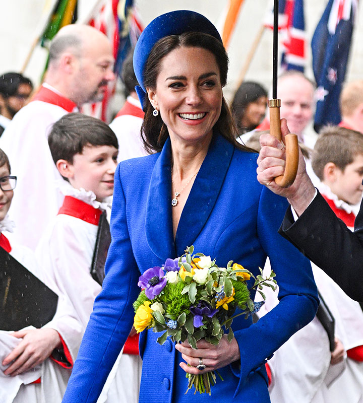 Kate Middleton in a blue outfit with hat at the 2022 Commonwealth service