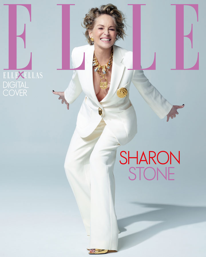 Sharon Stone in a white Schiaparelli suit on 'ELLE Spain'