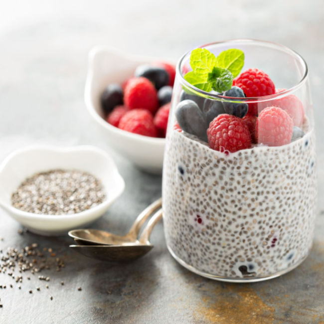 chia seed of pudding topped with berries