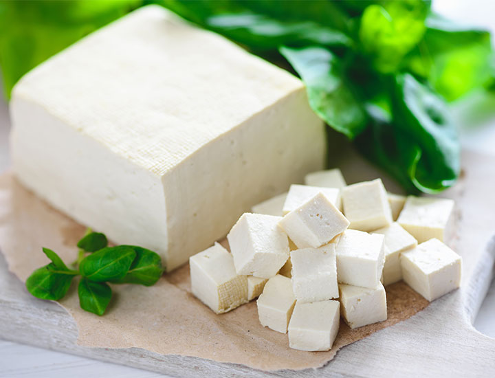 Raw cubed tofu on a table