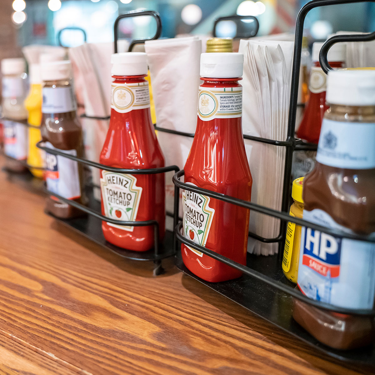 ketchup and sauces on restaurant table