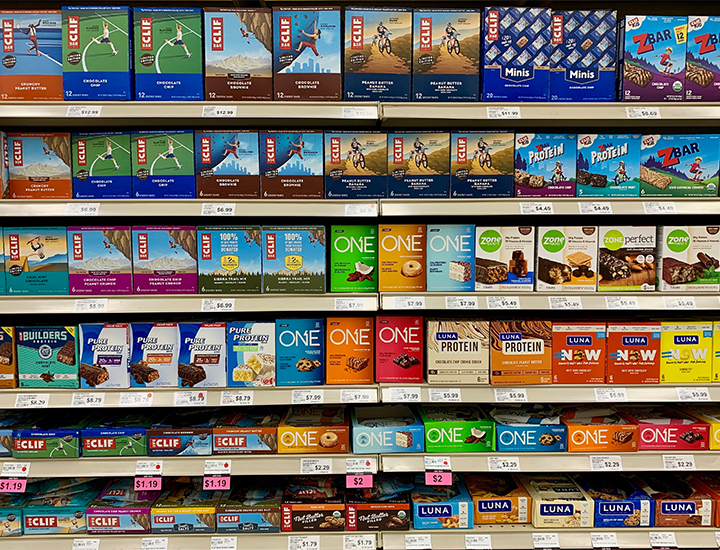 Protein bar section of a store