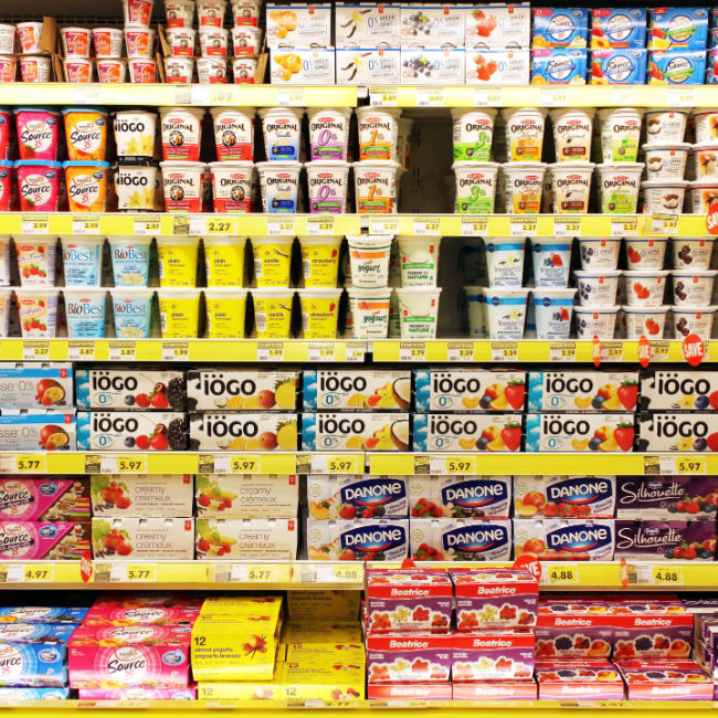 yogurt aisle in grocery store