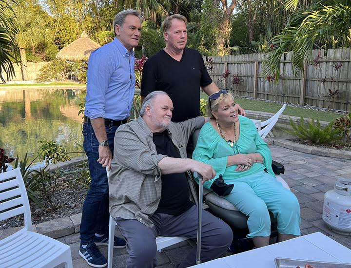 Thomas Markle, Samantha Markle, and Thomas Markle Jr. with interviewer Liam Barnett of 7News