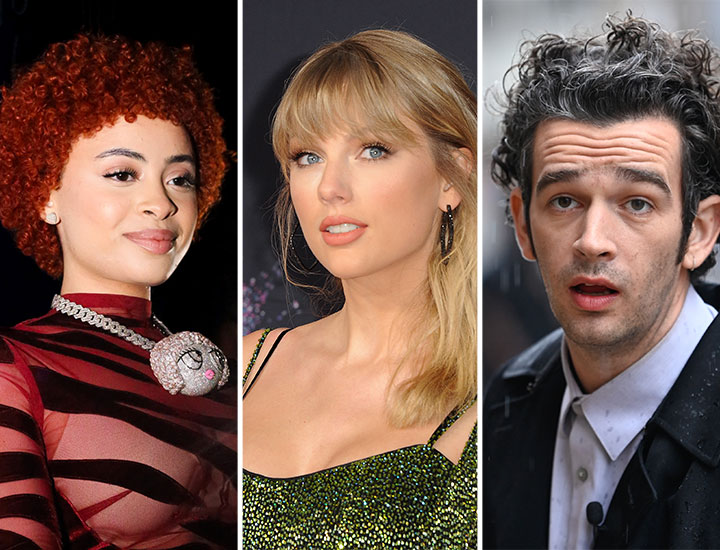 ice spice taylor swift matty healy headshots red carpet split screen