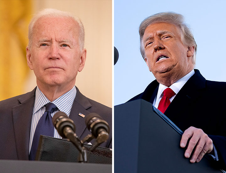 Joe Biden and Donald Trump standing at podiums