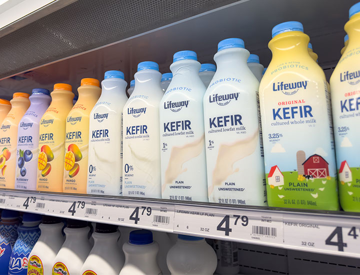 Kefir bottles at grocery story