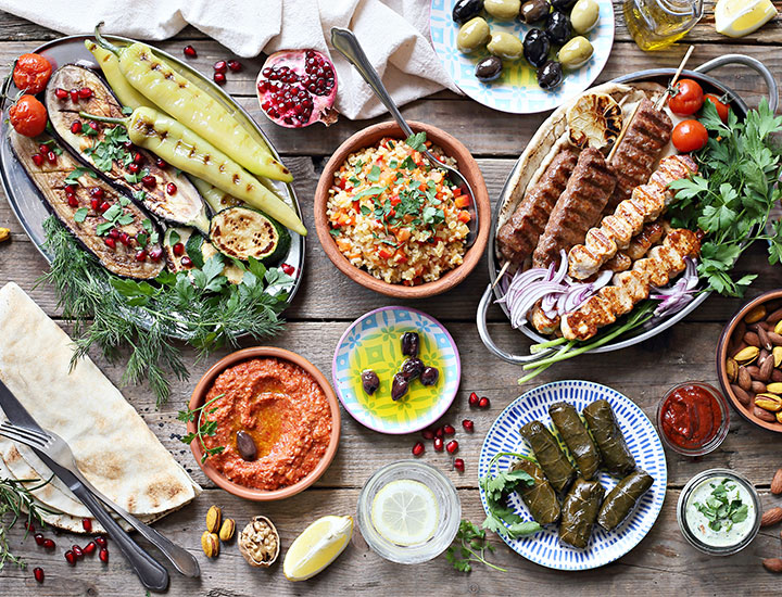 Mediterranean foods arranged on a table