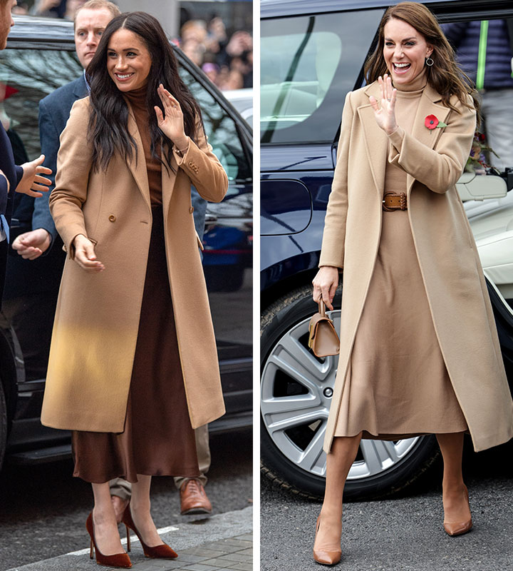 meghan markle kate middleton similar tan coat jacket dresses heels outings outfits