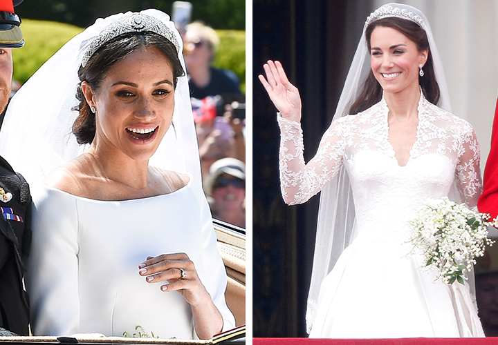 Meghan Markle in wedding dress side by side image with Kate Middleton in her wedding gown