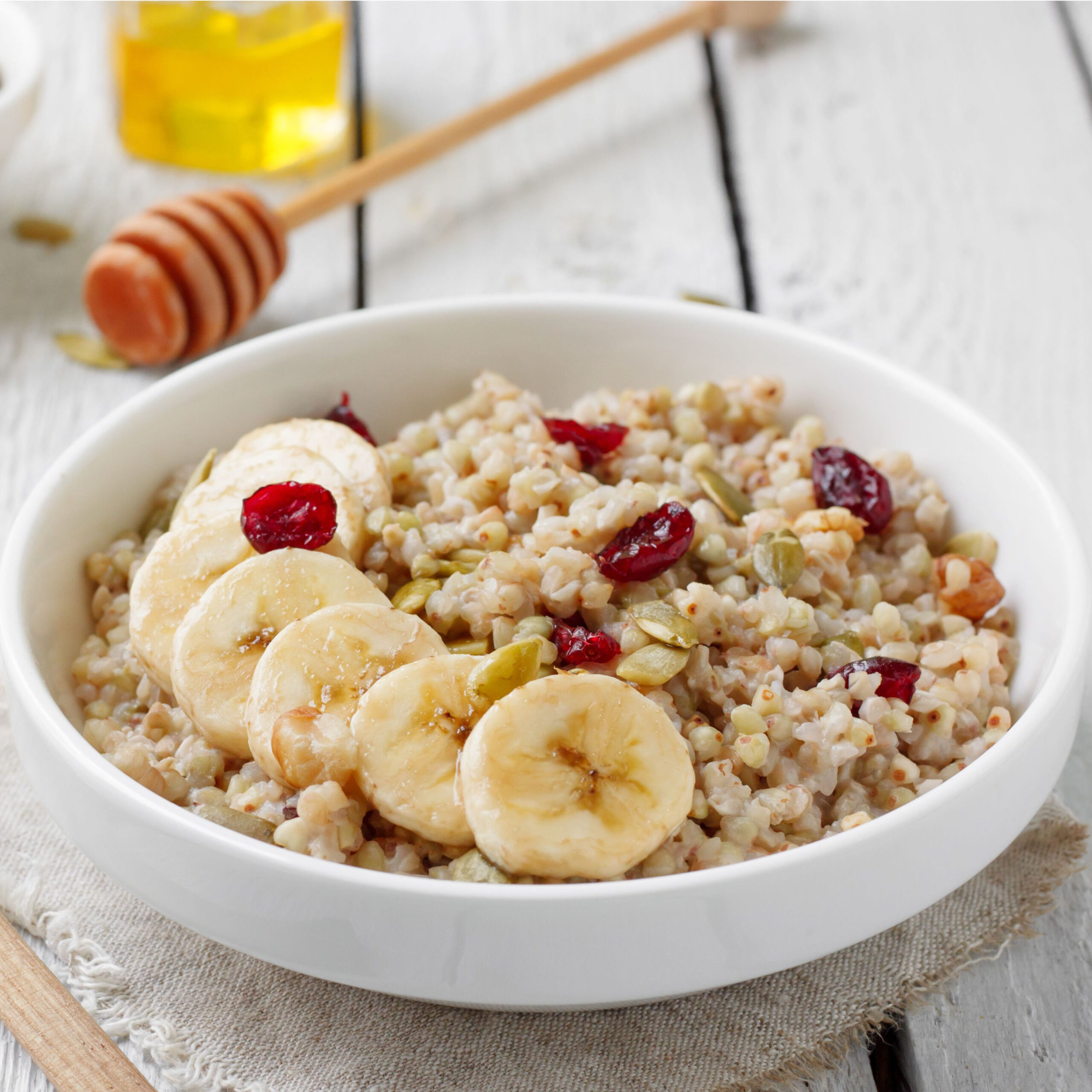 buckwheat porridge topped with sliced bananas